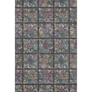 HomeRoots 667679 10 x 14 ft. Black Purple & Teal Medallion Washable Machine Made Rectangle Area Rug with UV Protection