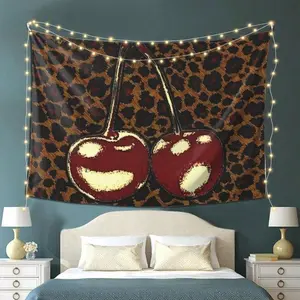 Tapestry  [Tapestry Wall Hanging] Cherry & Leopard Print Tapestry Wall Hanging - Premium Peach Light Beige Fabric, Horizontal Design For Living Room, Bedroom, Office & Party Decor - Perfect Gift For Home & Festive Occasions, Wall Decoration
