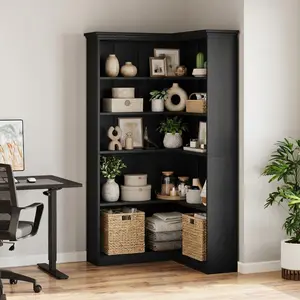 Garvee 185 cm L-shaped corner bookshelf with 5 shelves, standing design ideal for living room, kitchen, or office; easy to assemble, white finish, versatile large shelving unit for home use