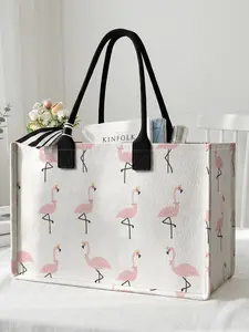 1 piece of flamingo pattern 2D printed large capacity storage bag, extra large storage bag, sturdy handle, space-saving multi-purpose, suitable for use at school, business trips, shopping, Tote Bags