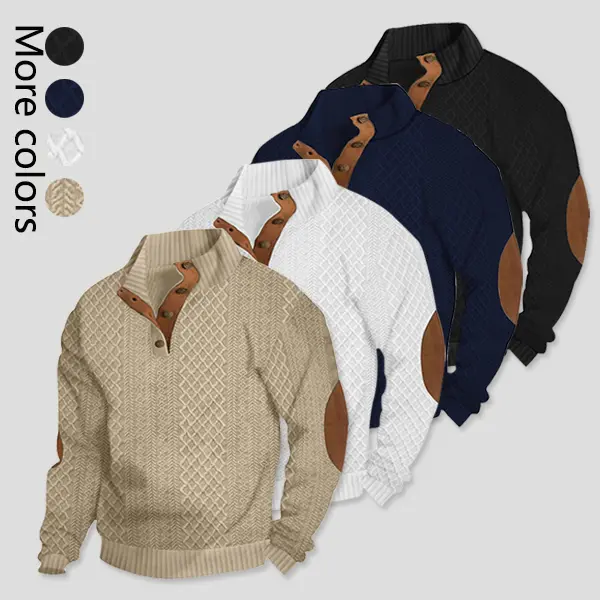 Men's Autumn Winter Stand Collar Jacquard Knit Henry Shirt, Stylish Vintage Style Colorblock Long Sleeve Pullover, Men's Casual Loose Breathable Knit Sweater, Buttoned Half Placket, Suitable for Daily Commuting and Outdoor Activities Wear
