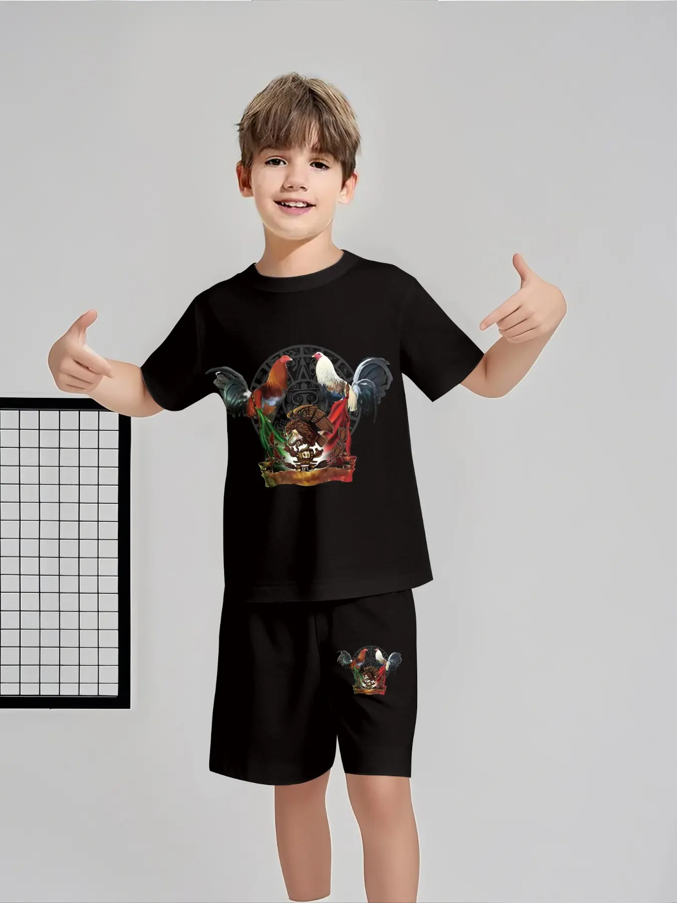 Boys' two-piece short-sleeve and shorts set with black background rooster fighting badge design, 100% polyester casual loose fit set, summer fun printed pattern, outdoor sports T-shirt set, perfect gift for boys