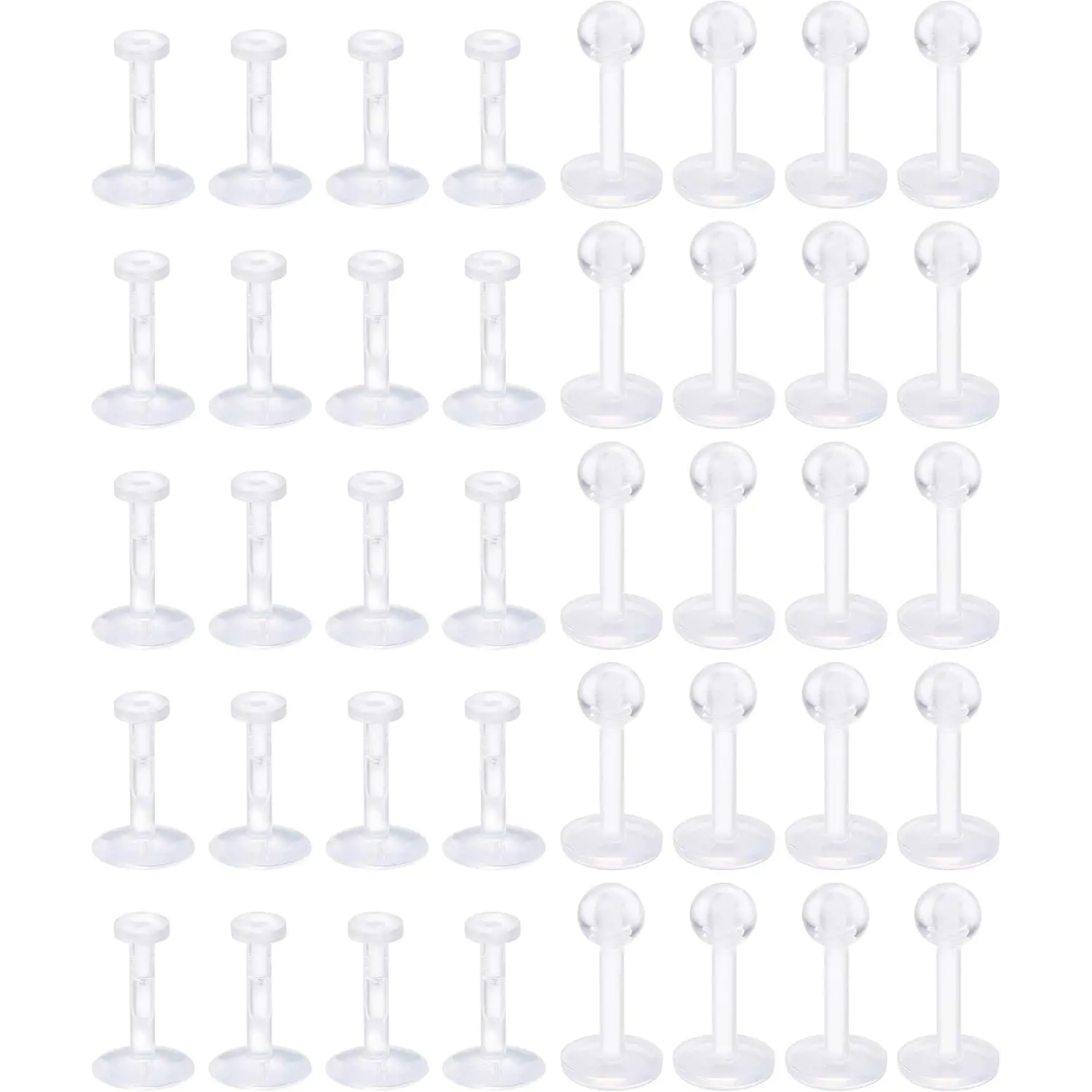 FINREZIO 40 Pcs Transparent Clear Acrylic Piercing Retainers Set for Women Men Hypoallergenic Invisible Lip Labret Studs Flexible Plastic Nose Studs for Work Sports Surgery Safe for Sensitive Skin Discreet Body Jewelry Set for Piercings