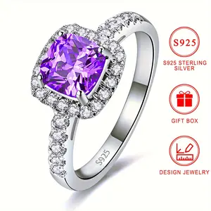 Elegant 925 Sterling Silvery Engagement Ring with Sparkling Purple Cubic Zirconia - Hypoallergenic, Nickel-Free, Perfect for Weddings, Anniversaries & Special Occasions - Includes Gift Box