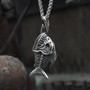GTHIC Fish Skeleton Gothic Pendant for Men Women Stainless Steel
