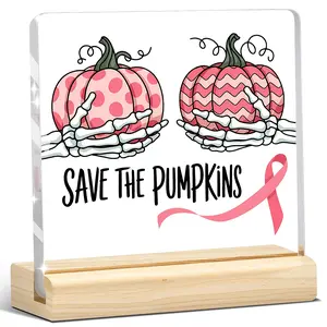 1pc Funny Halloween Acrylic Pumpkin Sign with Skeleton Hands – Spooky “Save the Pumpkins” Quote Plaque with Wooden Base – Cute Creepy Table Decor for Fall Home Office Bedroom – Autumn Halloween Gift for Women Teens Friends Birthday