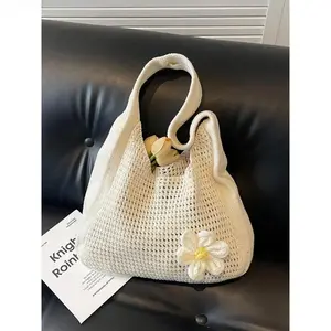 Women's Solid Color Floral Decor Straw Bag, Fashion Crochet Shoulder Bag, Casual Versatile Daily Commute Purse