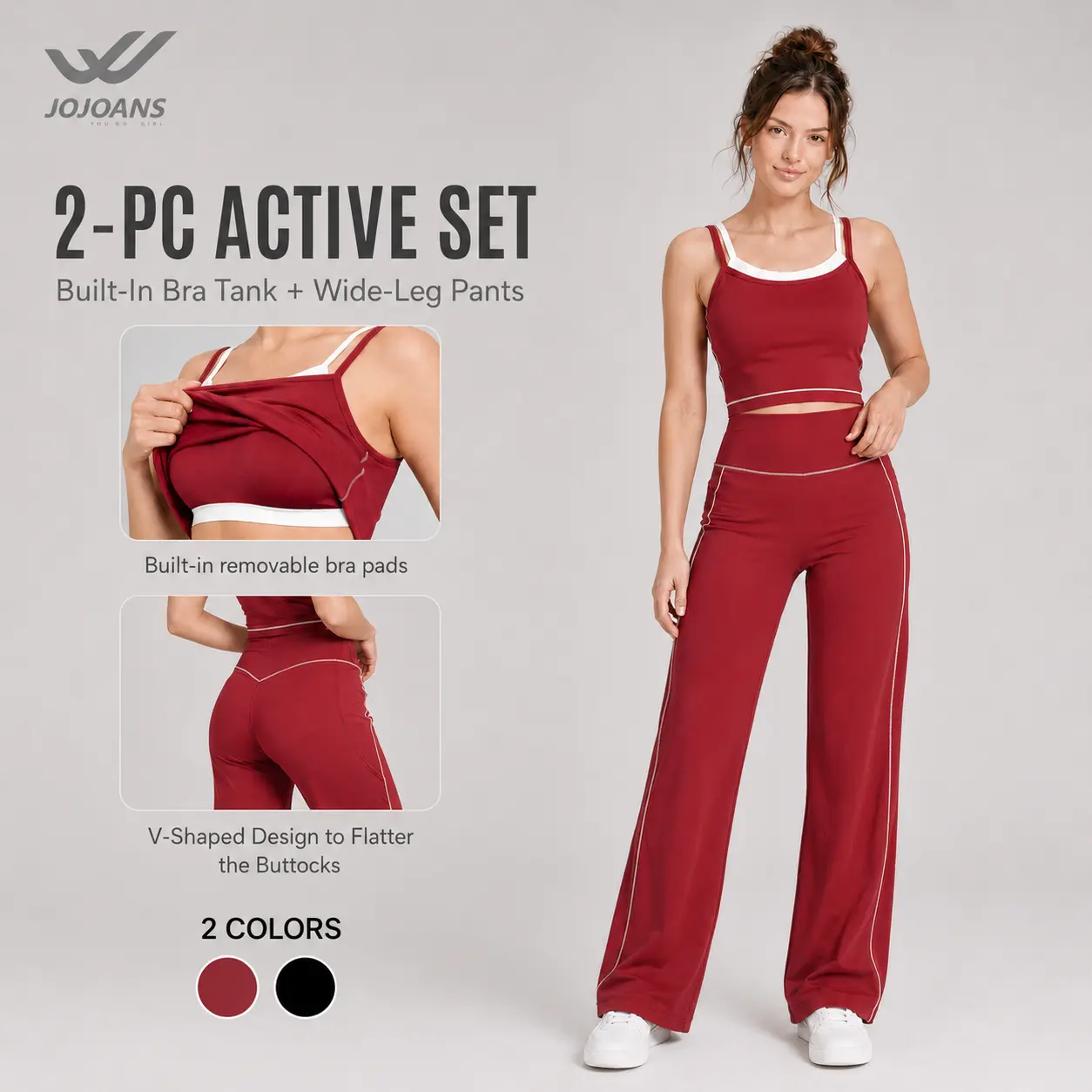 JOJOANS Women's Yoga Set 2 Piece Matching Outfit, Faux Twinset Built-In Bra Tank Top, High Waisted Wide Leg Pants with Pockets, Tummy Control Butt Lifting Stretch Workout Athleisure Lounge Set for Gym Travel Summer