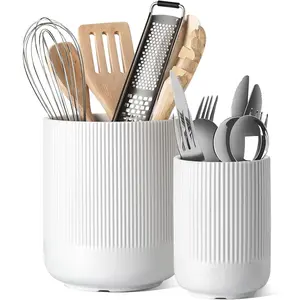 Utensil Holder, 7.3"+5.4" Ceramic Kitchen Utensil Holder for Countertop, Large Cooking Utensil Crocks for Kitchen Counter, Morden Utensil Organizer for Spatula, Kitchen Decor, Set of 2, White