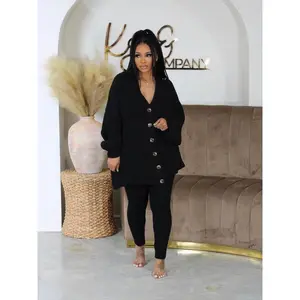 Two-Piece Set Women's Plain Button V Neck Cardigan & Knitting Pants Set, Casual Long Sleeve Cardigan & Skinny Pants for Fall & Winter, Women's Clothes for Daily Wear（gift）