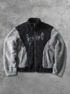 Unisex Streetwear Campus Hip-Hop Winter Fleece Patchwork Jacket, Trendy Plush Outerwear for Men and Women, Casual Fashion Coat