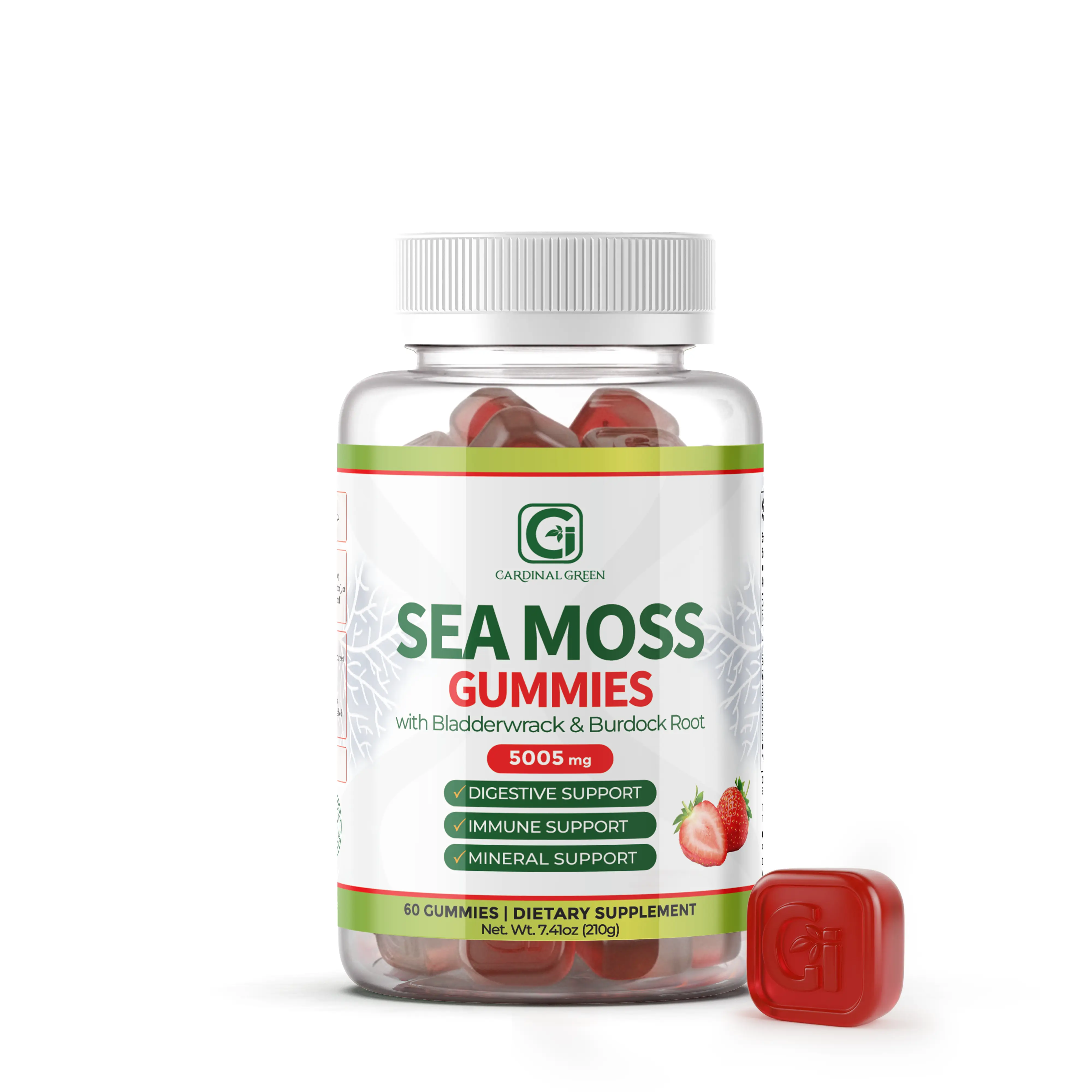 CGI-Green Strawberry Sea Moss Gummies | Wildcrafted Caribbean Sea Moss, Bladderwrack & Burdock Root