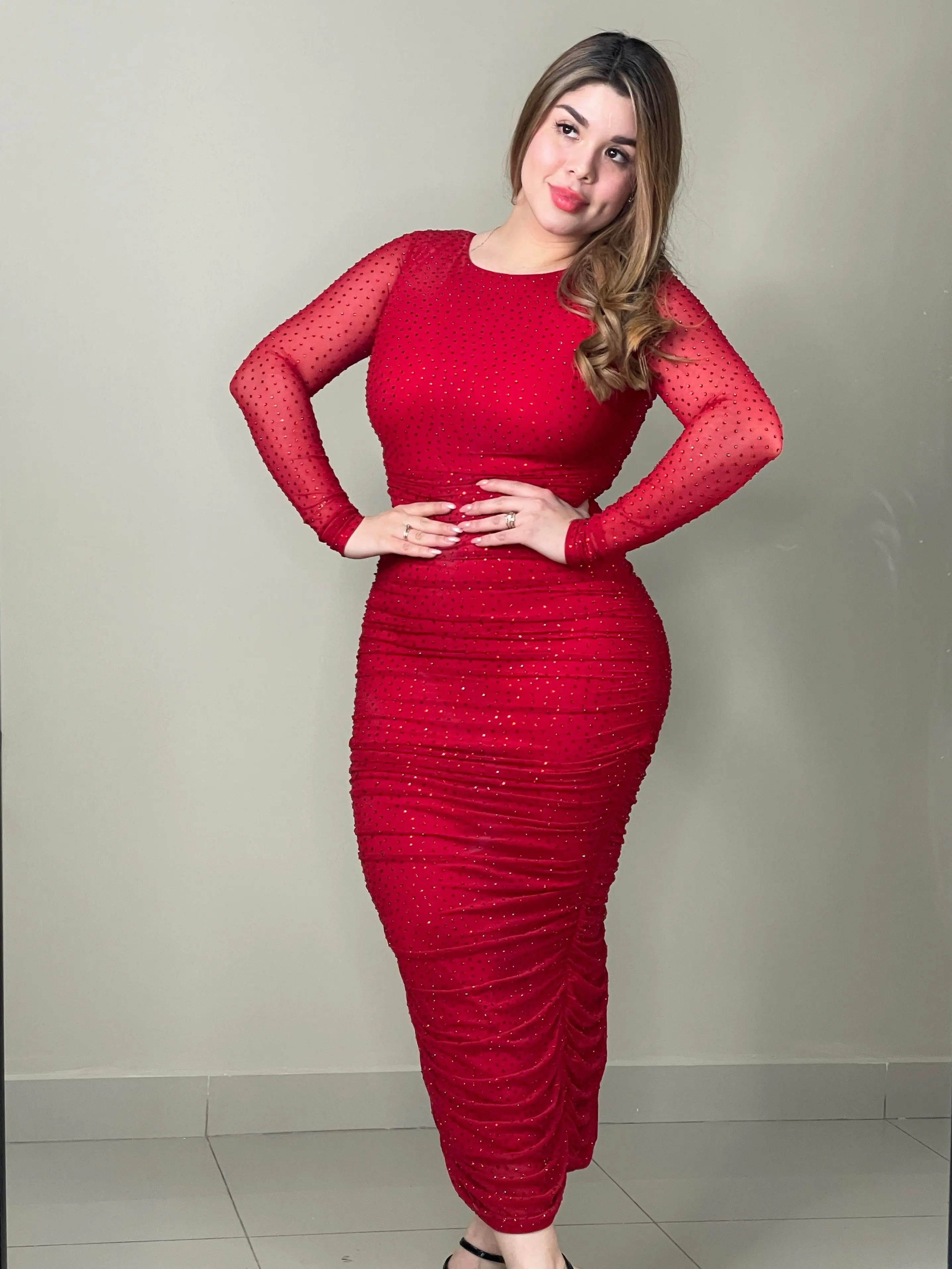 Tiffany's Maxi Rhinestone Dress - Long Sleeve Stretchy Double Lining  Transparent Sleeves - TikTok Shop