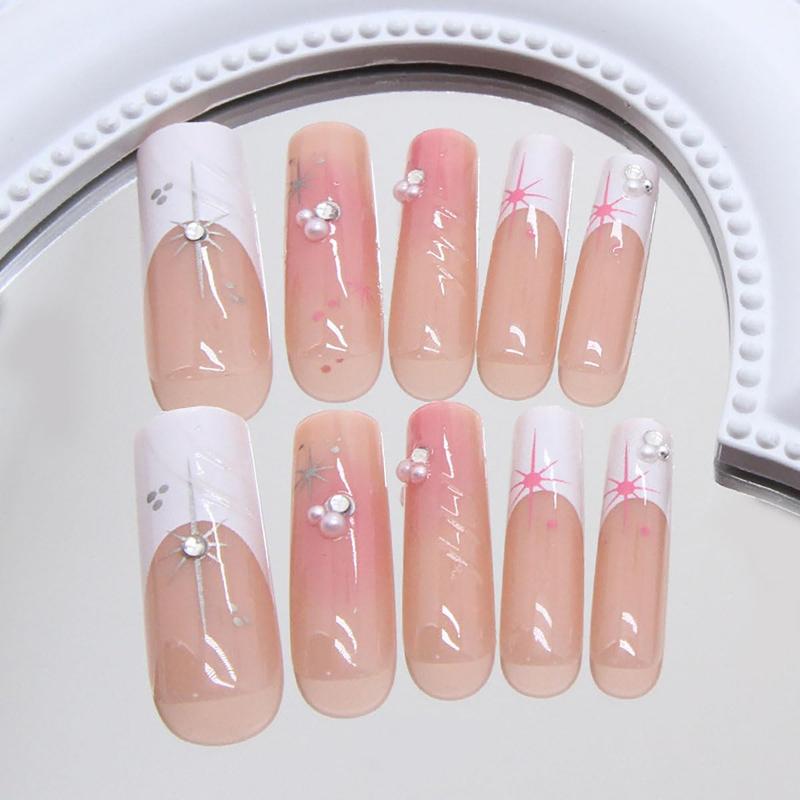 Long Square Press on Nails with 3D Stars Rhinestones Design Glitter Fake Nails Acrylic Nail Tips Full Cover Artificial on Nails Glossy Stick on Nails Nude Pink False Nails for Women Manicure Set