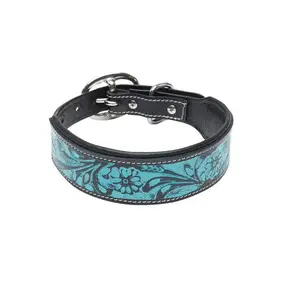TEAL DAISY HAND-TOOLED PADDED LEATHER DOG COLLAR TEAL DAISY HAND-TOOLED PADDED LEATHER DOG COLLAR