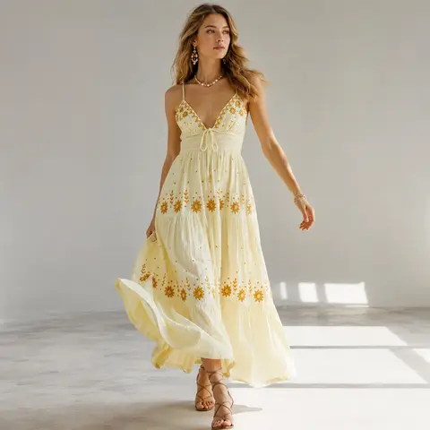 Women's Light Bohemian Cotton Halter Neck Sleeveless Backless Flower Embroidery Tiered A-Line Swing Maxi Dress - Casual Wear Fashion Dress for Beach, Outdoor Activities, Check Measurement Chart