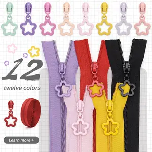 5m Zipper + 10 Star Zipper Heads, Colorful Nylon Chain, Matching Star Zipper Heads, Ideal for Bags, Home Textiles, DIY Wallets, Sewing Replacement