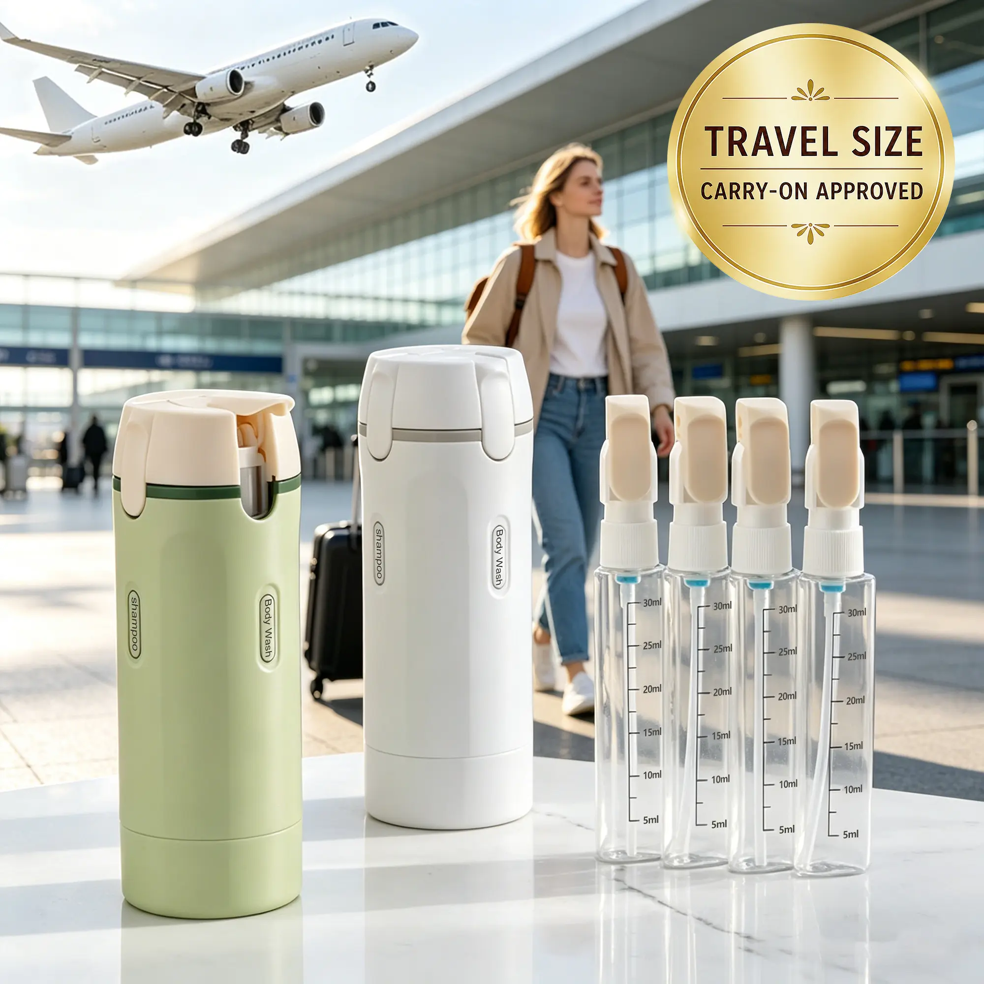 4 in 1 Travel Dispenser Rotatable Leakproof TSA Approved Travel Bottles for Toiletries, Refillable Shampoo Conditioner Lotion Pump Containers Set for Vacation Business Travel Essentials