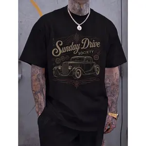 Sunday Drive Society Vintage Car Graphic Tee Retro Hot Rod Printed Tee Black Casual Wear Unisex Top Classic Automobile Illustration Summer Shirt Streetwear Aesthetic Tee Trendy Design Soft Fabric With Ornamental Gears And Scrolls Vintage Accents
