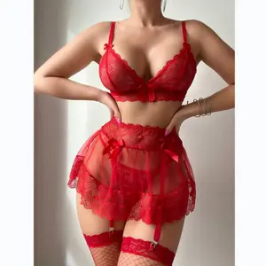 Lady's 3-Piece Lingerie Set - Sexy Lace See-Through Suspender, Mesh Short Skirt, Erotic Pajamas