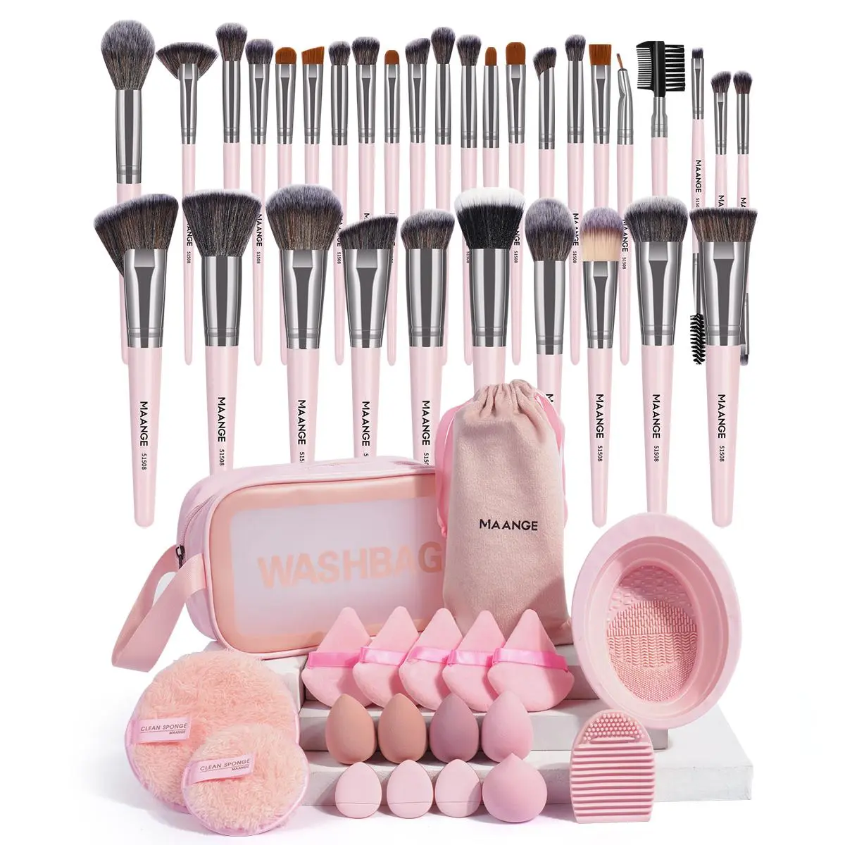 Pink Makeup Tool Set, 32pcs Makeup Brushes & 15pcs Puff Accessories & 1 Count Velvet Bag & 1 Count Silicone Scrubber Bowl & 1 Count Scrubber Egg & 1 Toiletry Bag, Cosmetic, Trending Makeup, Makeup Brushes Kits