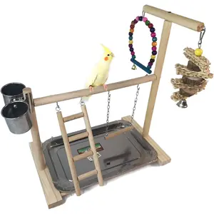 Parrot Playground Bird Play Stand Play Gym with Feeder Cups, Swings, Ladder and Tray, Wood Parakeet Playground Outside Cage for Cockatiel Lovebird Budgie