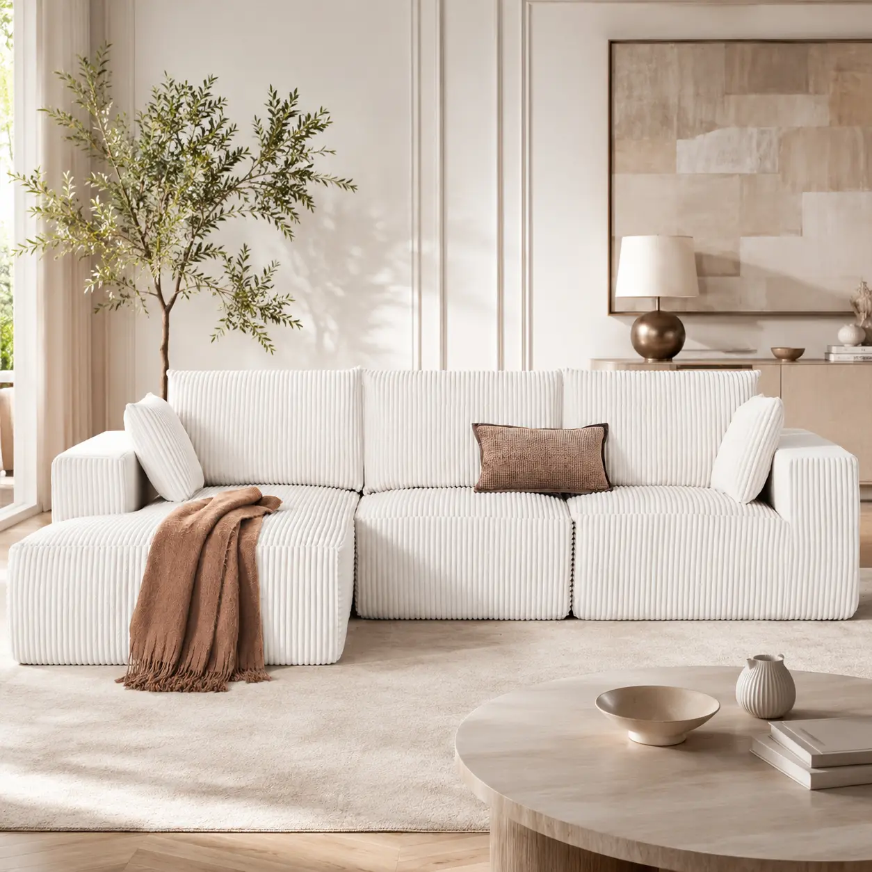 Modern White Vertical Striped Corduroy Modular L-Shaped Sectional Sofa, Deep Seat Upholstered Couch for Living Room