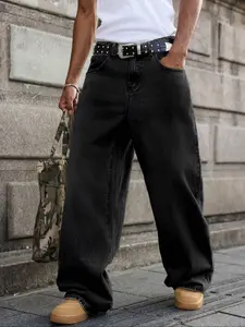 Straight Leg Denim Jeans Cotton Plain Slant Pockets Washed Jean, Casual Streetwear Versatile Wide Leg Jeans, Fashion Denim Pants, Couple Matching Straight Fit Loose Fit Pants, Loose Fitting Jeans, Plain Denim Trousers
