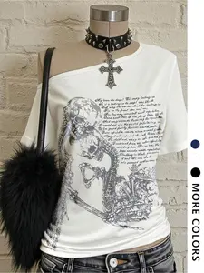 Women's Y2K Gothic Vintage Skull Letter Print Asymmetrical Shoulder T-Shirt, Punk Rock Style Casual Loose Short Sleeve Tee