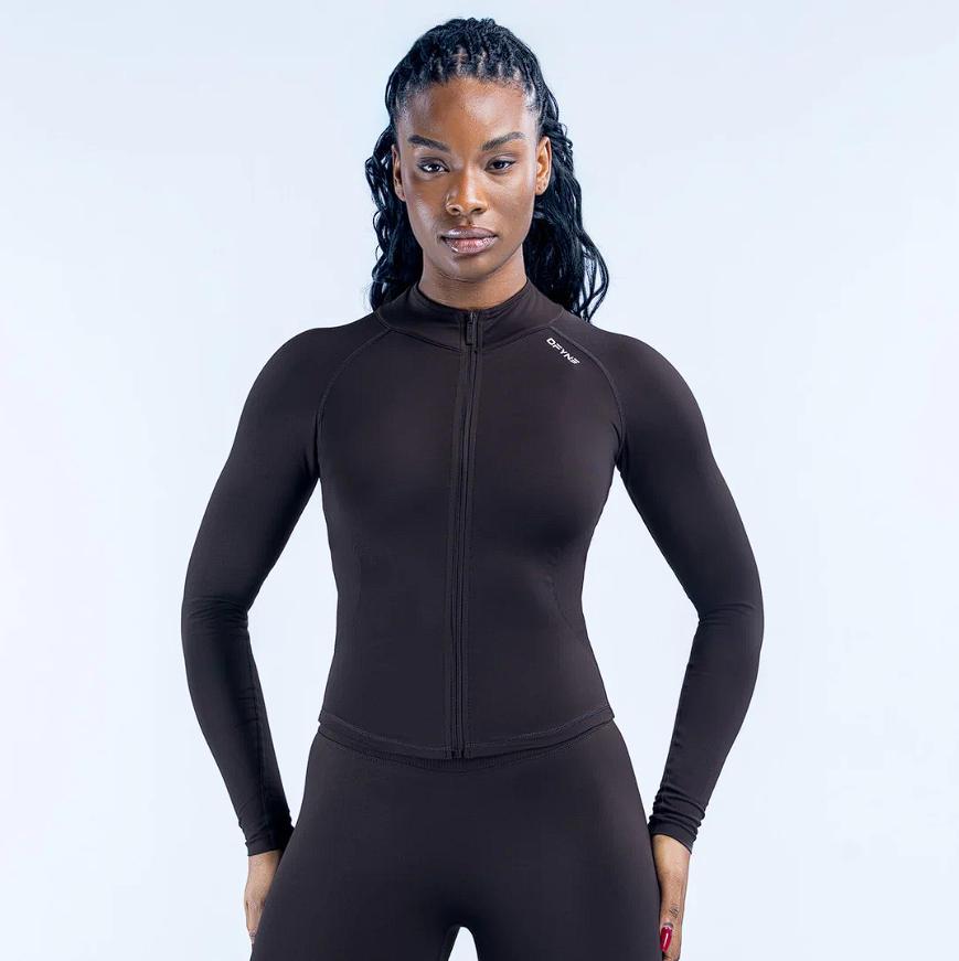 (With Logo) DFYNE Black Seamless Long Sleeve Workout Set - Full Zip Jacket & High Waist Biker Shorts 2-Piece Compression Outfit for Women