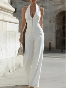 Elegant Backless Zipper Wide Leg Jumpsuit, High Waist Flowy Design, Perfect for Office, Vacation, Parties, Unique Statement Style Essential, Womenswear Chic