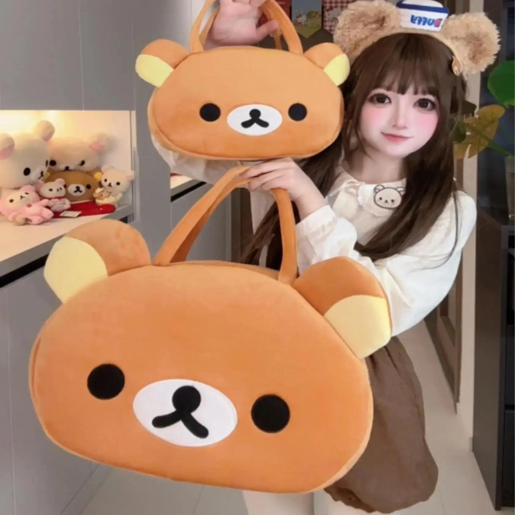 Rilakkuma Plush Cartoon Shoulder Bag Cartoon Anime Casual Tote Bag Bear Handbag Soft Large Capacity Luggage Bag Gifts Girl