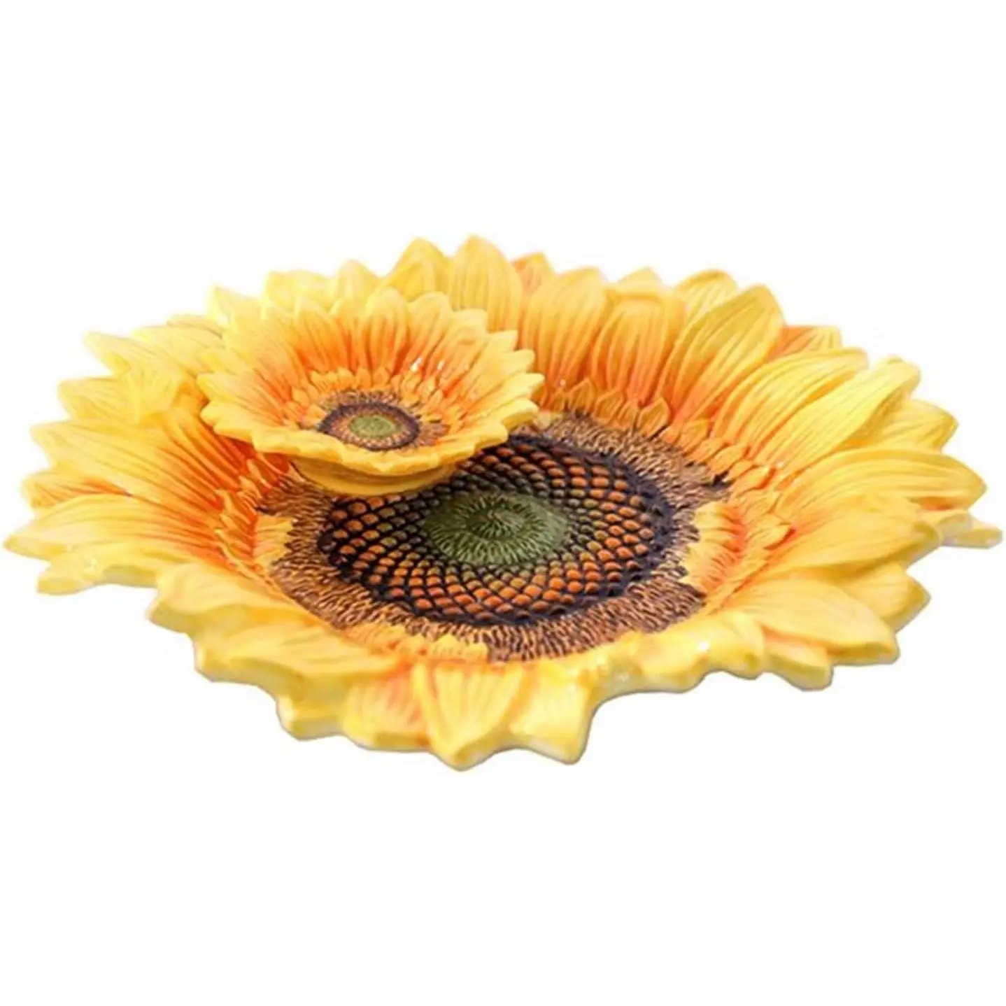 Ceramic Chip & Dip Platter,11 inches Double Layer Hand-painted Yellow Decorated Plate -Sunflower