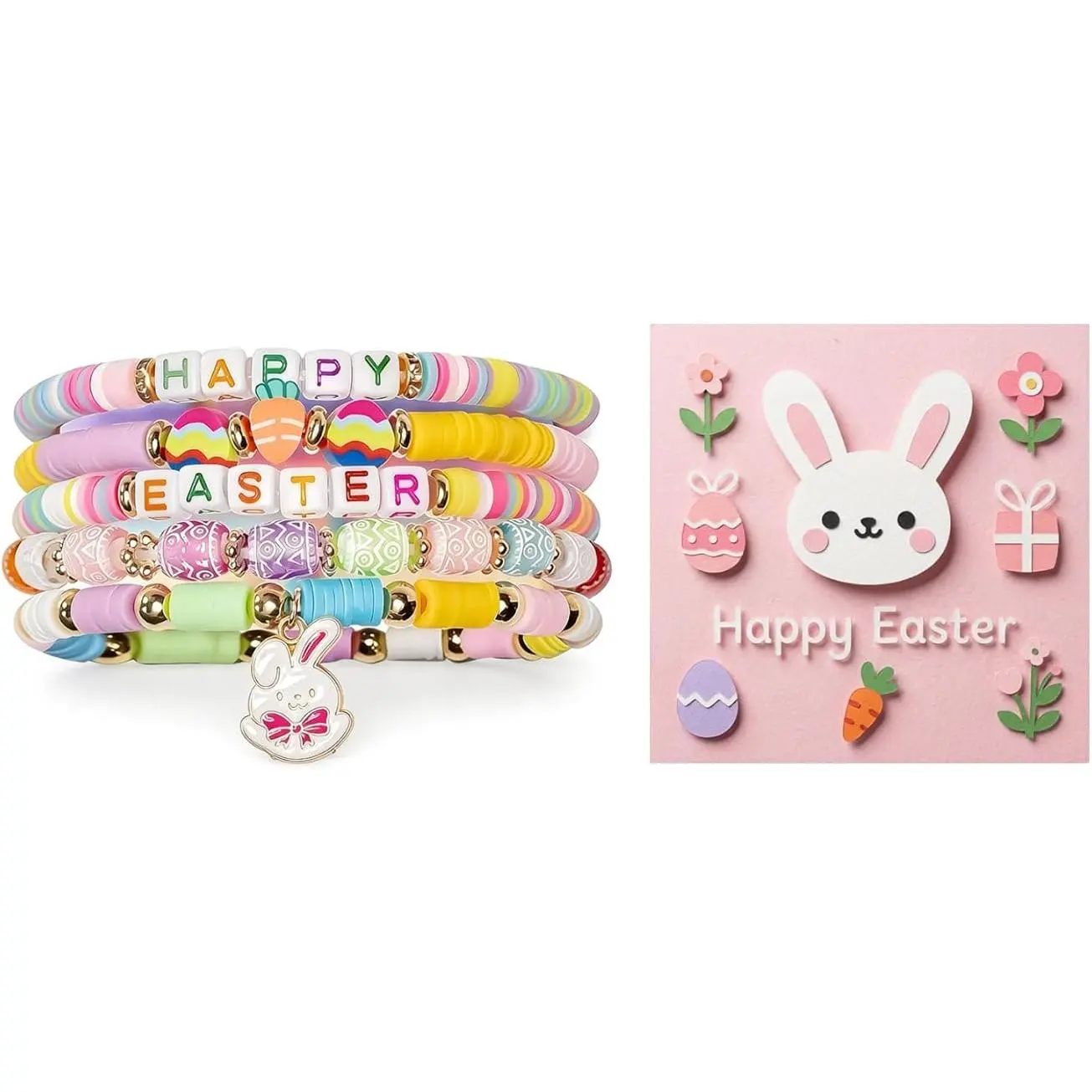 Pastel Beaded Bracelet Set, Stackable Easter Jewelry for Women with Bunny & Colorful Egg Charms, Lightweight Layered Look, Basket Stuffer Gift, Beads, Colorful Eggs, Stackable Set, Bunny & Egg Charms