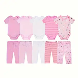 JY.COZY FOR BABY 10-Piece Baby Girl Clothes Cute Onesie Set in Pink Cotton 5 Short-Sleeve Rompers 5 Pants Soft Breathable Comfortable for Newborns Bodysuits Easy Dressing