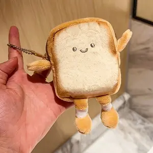Cute Toast Shape Coin Purse with Keychain, Lightweight Backpack Hanging Bag, Zipper Earphone and Small Items Storage Pouch, Portable Coin Purse