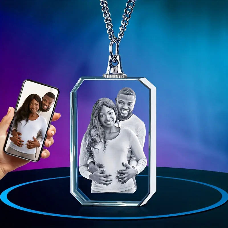 Laser-Engraved Photo Engrave Crystal Pendant Necklace - Personalized Artificial Crystal Jewelry for Men & Women, Daily Wear Keepsake Gift, Uncharged, Elegant, Casual, Gift Occasion, Synthetic, Unisex, Casual Wear, Personalized Gifts