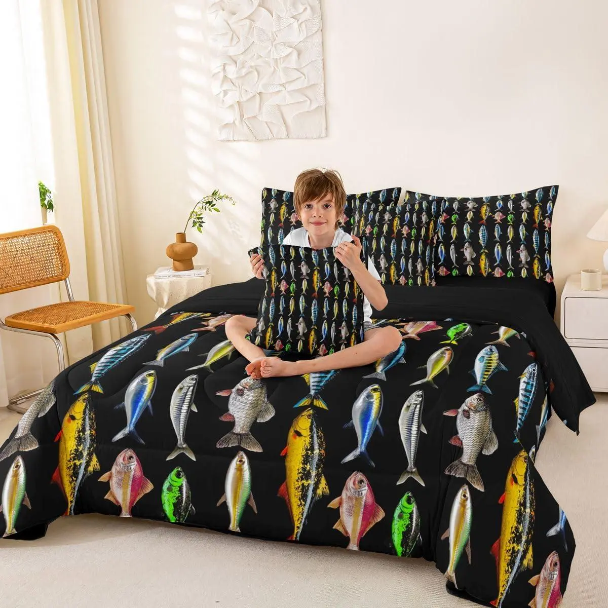 Boys Fishing Bedding Set for Kids Teens - Colorful Fish 7 Pieces Comforter Set with Sheets Rustic Country Fishes Bed in a Bag Hunting and Fishing Bed Sets