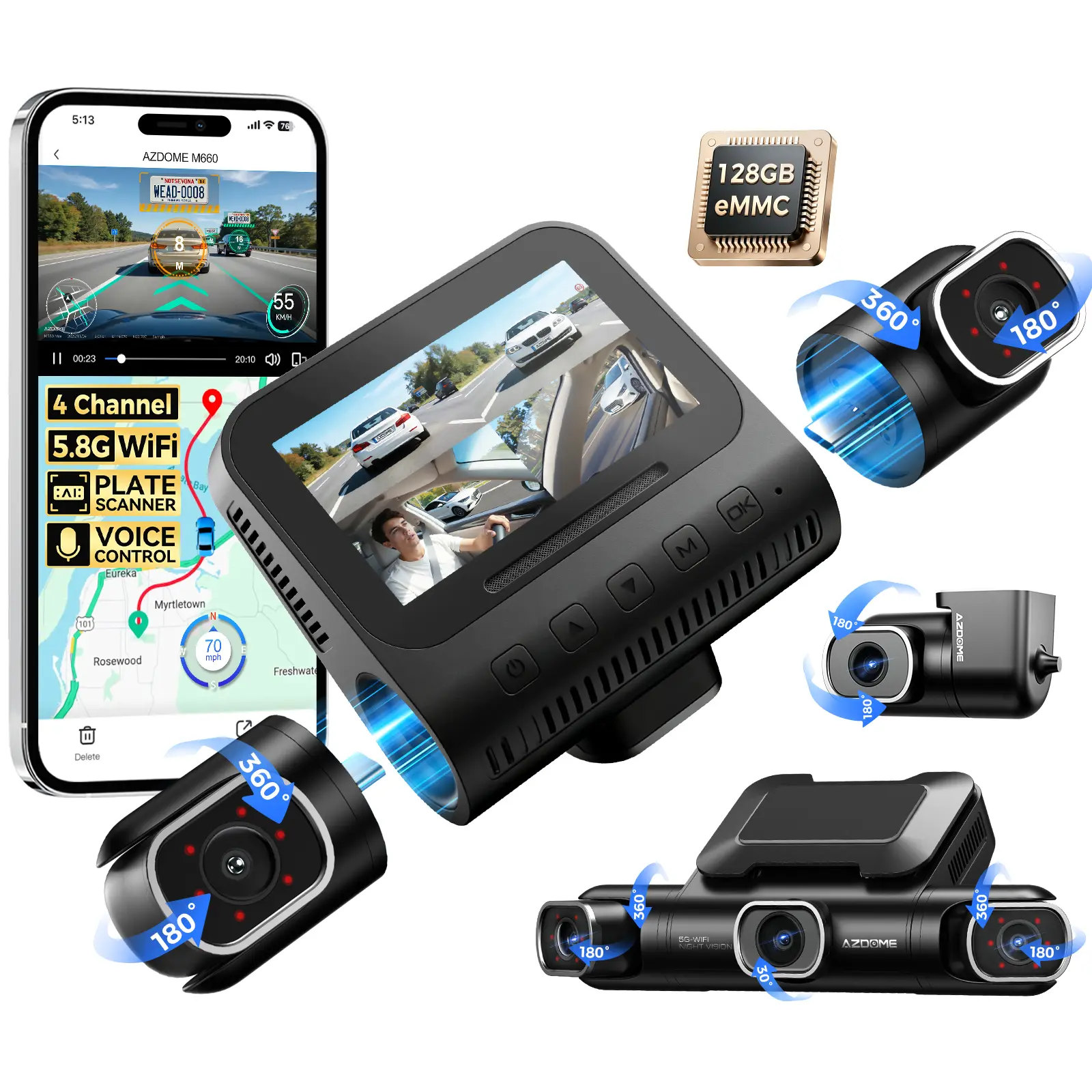 AZDOME 360° 4 Channel Dash Cam Front and Rear Inside, Built-in 128GB eMMC, 2K+1080P*3 Dashcam, Left Right, Voice Control, 5G WiFi Dash Camera for Cars with 4 Adjustable Lenses, IR Night Vision, M660