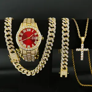 [4 Pieces Men's Watch Set] Set Of 4 Pieces, Men's Watch Set, Men's Cuban Necklace Bracelet Set, Men's And Women's Holiday Gifts, Christmas Gifts