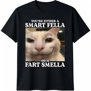 Unisex Cotton Crewneck Short-Sleeve Graphic T-Shirt, Funny "You're Either a Smart Fella or a Fart Smella" Cat Meme Top, Casual Streetwear Menswear Round Neck Shirt, Shortsleeve