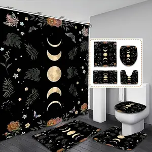 Moon Phase Shower Curtain Set, Witchy Gothic Witch Sky Floral Design, Includes 12 Hooks, Toilet Lid Cover, Bath Mat, Unique Bathroom Decor