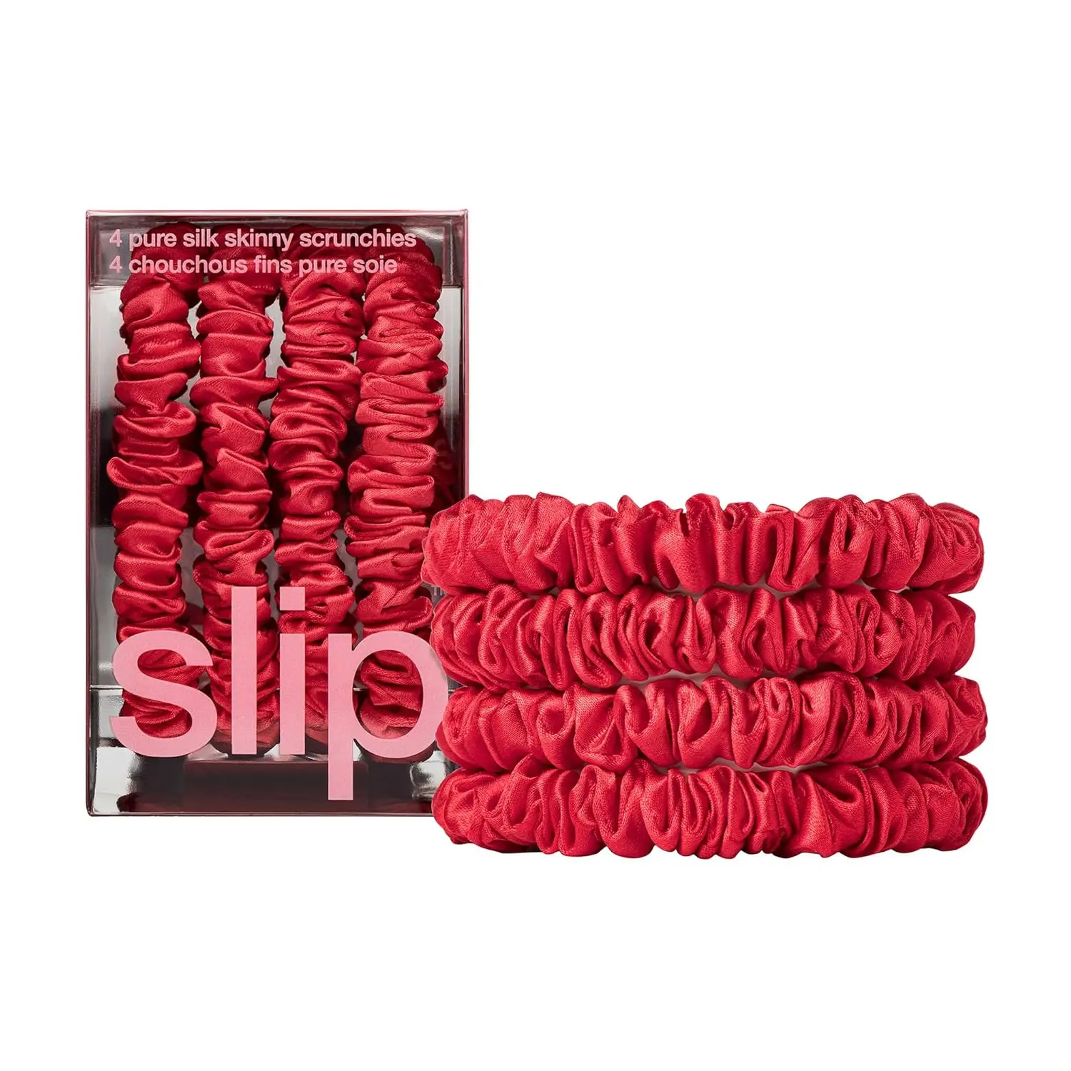 Skinny Scrunchies: Anti-Crease, Anti-Breakage silk(TM) Design Protects Delicate Hair | Includes 4 Pure Silk Scrunchies: Red