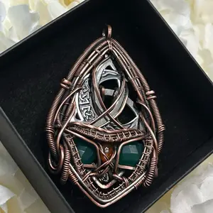 Triquetra Moon Pendant with Fluorite and Amber Accents in Copper Wire Wrapped Design