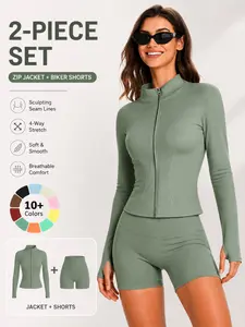 Women's Training Jacket and High-Waisted Shorts Set, Sports wear set, Sporty Slim-Fit, Quick-Dry, Solid Color, Yoga, Gym, Running, Casual Workout Clothes
