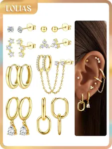 LOLIAS Gold Hoop Stud Earring Stacks for Women - 14K Gold Plated Chain Cartilage Earrings Cute Hypoallergenic Silver Huggie Earrings Sets for Multiple Piercing Jewelry Lightweight 8Pairs, Ear Studs