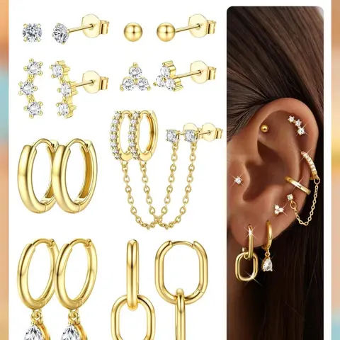 LOLIAS Women's 8-Pair Earring Bundle Set - 14K Gold Plated Chain Cartilage, Hypoallergenic Silver Huggies, Cubic Zirconia, Stainless Steel Ear Studs for Multiple Piercings, Gold Cubic Zirconia Earrings