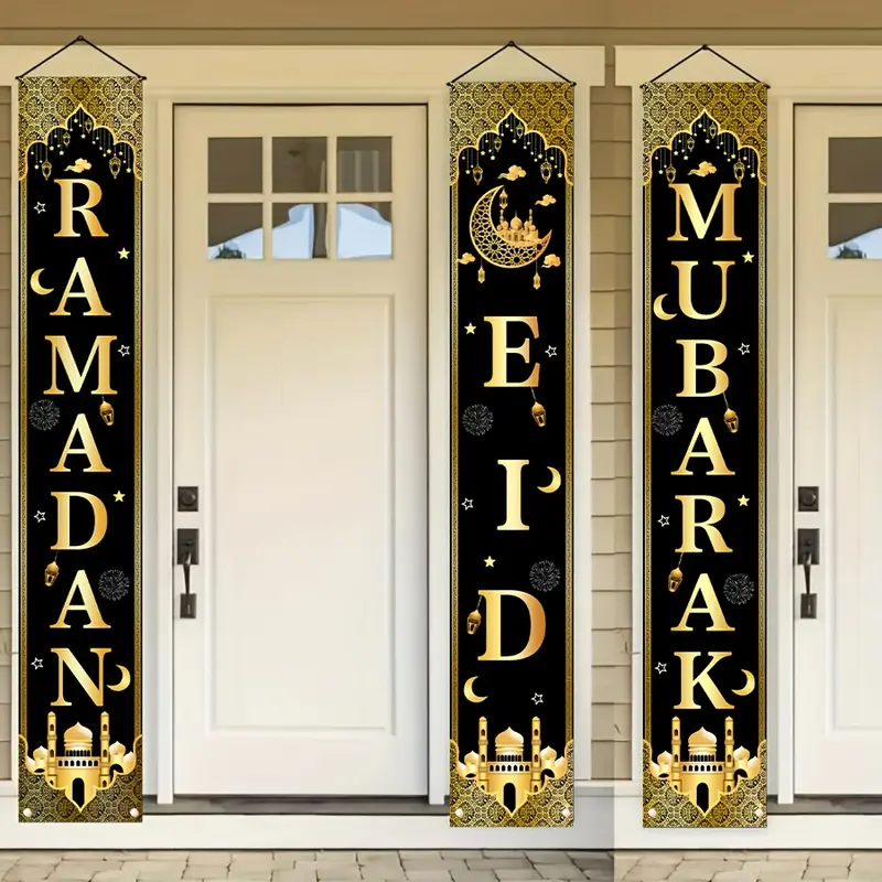 3-Piece Ramadan Decoration Set with Gold Moon Design Banner, Polyester Porch and Yard Sign for Home Party Decorations, Outdoor Banners, Party Decoration Supplies