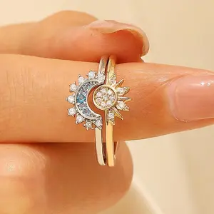 Celestial Sun & Moon Couple Rings Set – Adjustable Matching Promise Rings with Rhinestone, Dainty Stacking Sun Moon Jewelry for Couples, Romantic Gift for Girlfriend, Anniversary, Birthday, Valentine