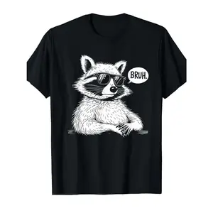 Men's funny raccoon wearing sunglasses with the word 'BRUH' in a speech bubble, combining pop culture slang with animal humor Graphic T-Shirt - Short Sleeve Crew Neck Regular Fit Casual Wear | Soft & Breathable Fabric, Durable Print, Everyday Comfort,